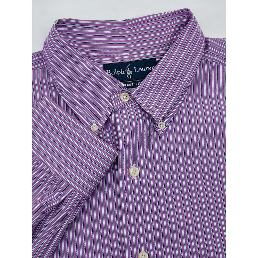 Ralph Lauren Mens Classic Fit Striped Button Down‎ Shirt Purple Green 16.5 L